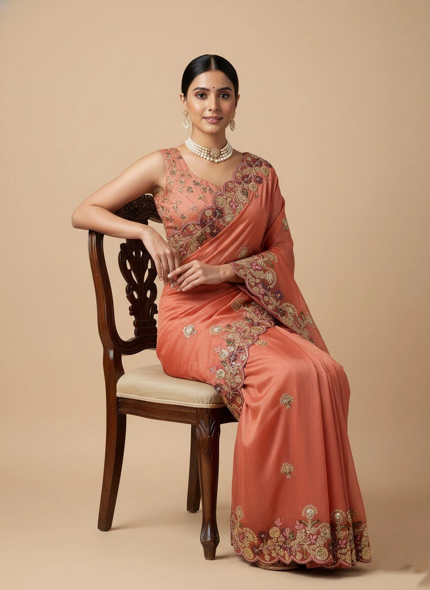 Woman in a traditional saree sitting on a chair against a beige background